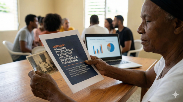 Persona adulta mayor afrodescendiente. Leyendo un estudio científico en una junta comunitaria